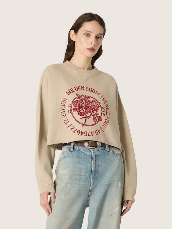 Golden Goose - Felpa cropped da donna in cotone beige con stampa in 