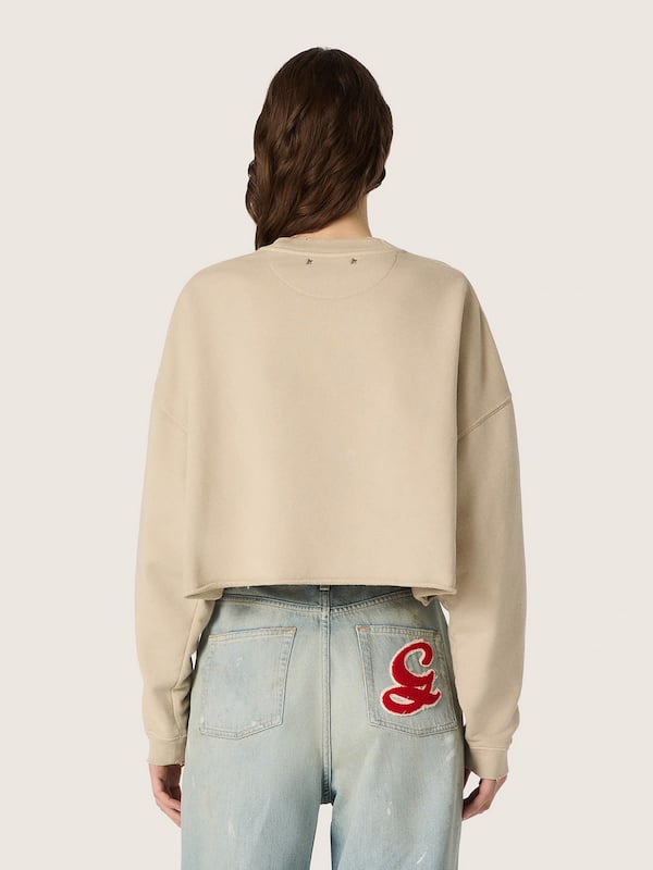 Golden Goose - Felpa cropped da donna in cotone beige con stampa in 