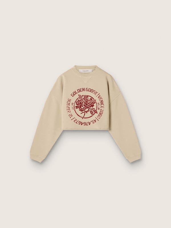 Golden Goose - Felpa cropped da donna in cotone beige con stampa in 
