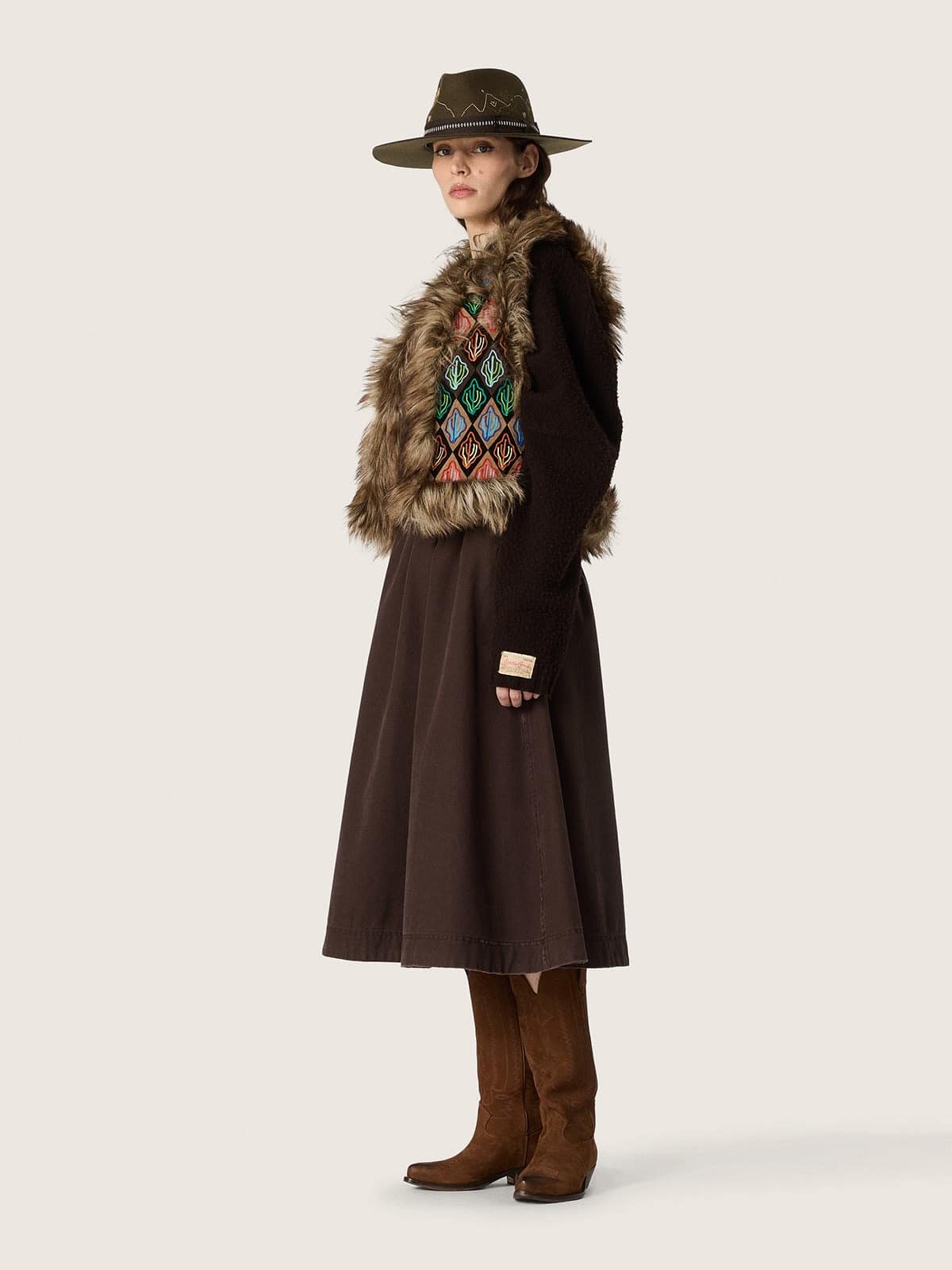 Golden Goose - Saia feminina rodada de algod&atilde;o cor taupe in 