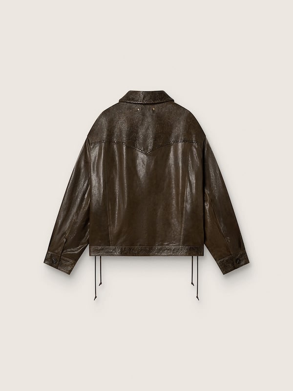 Women's jacket in dark green waxed nappa leather with panels