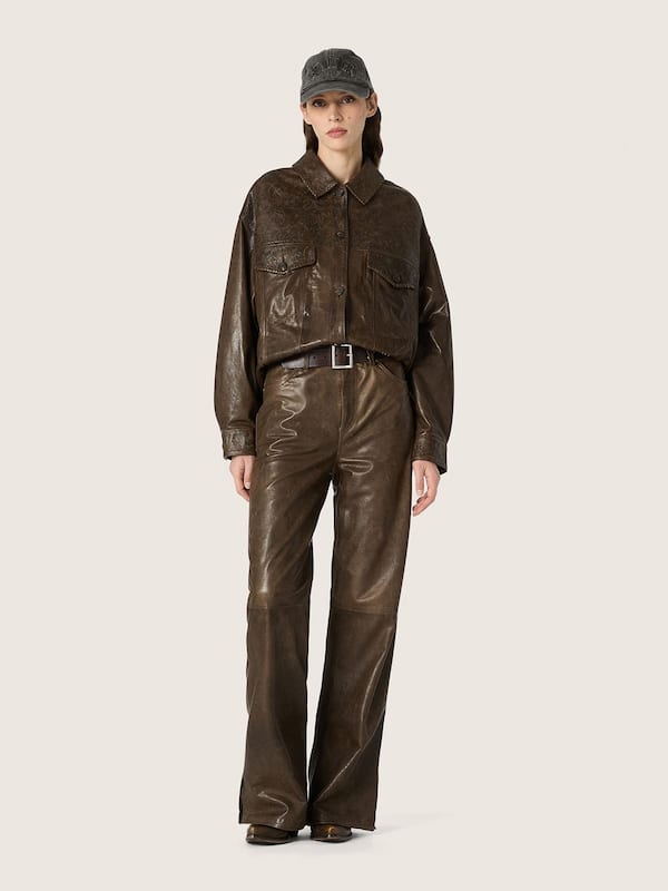 Women's jacket in dark green waxed nappa leather with panels