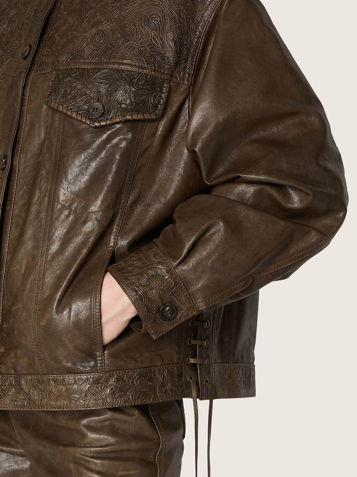 Golden Goose - Women's jacket in dark green waxed nappa leather with panels in 
