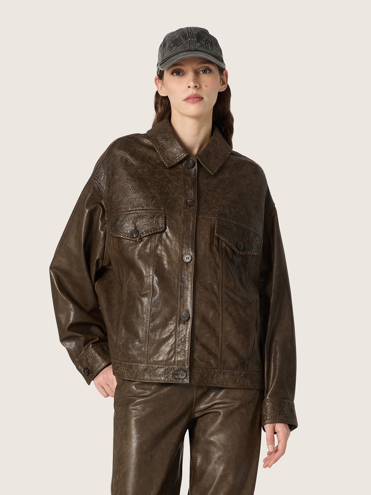 Golden Goose - Women's jacket in dark green waxed nappa leather with panels in 