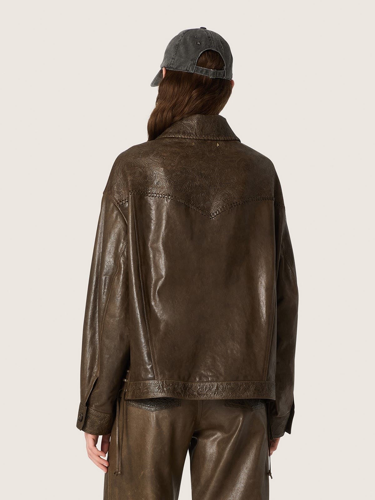 Golden Goose - Women's jacket in dark green waxed nappa leather with panels in 