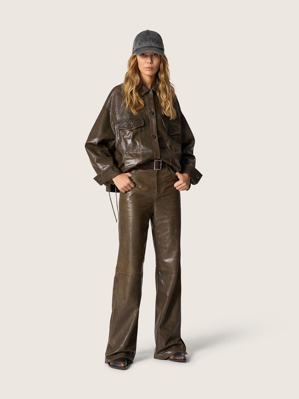 Golden Goose - Women's jacket in dark green waxed nappa leather with panels in 