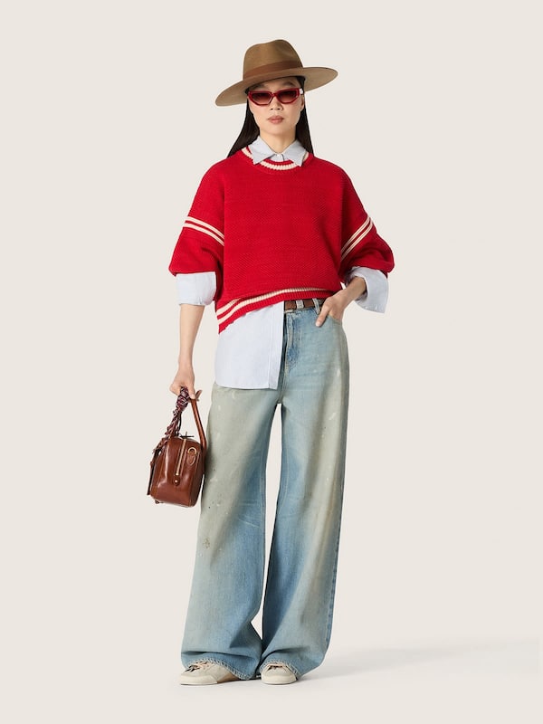Golden Goose - Pull boxy femme en coton rouge avec broderie in 