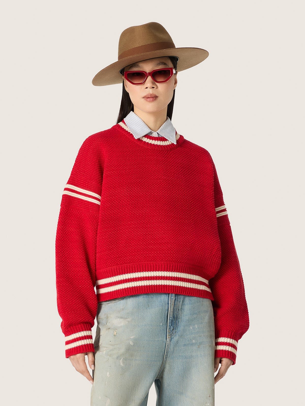 Golden Goose - Pull boxy femme en coton rouge avec broderie in 