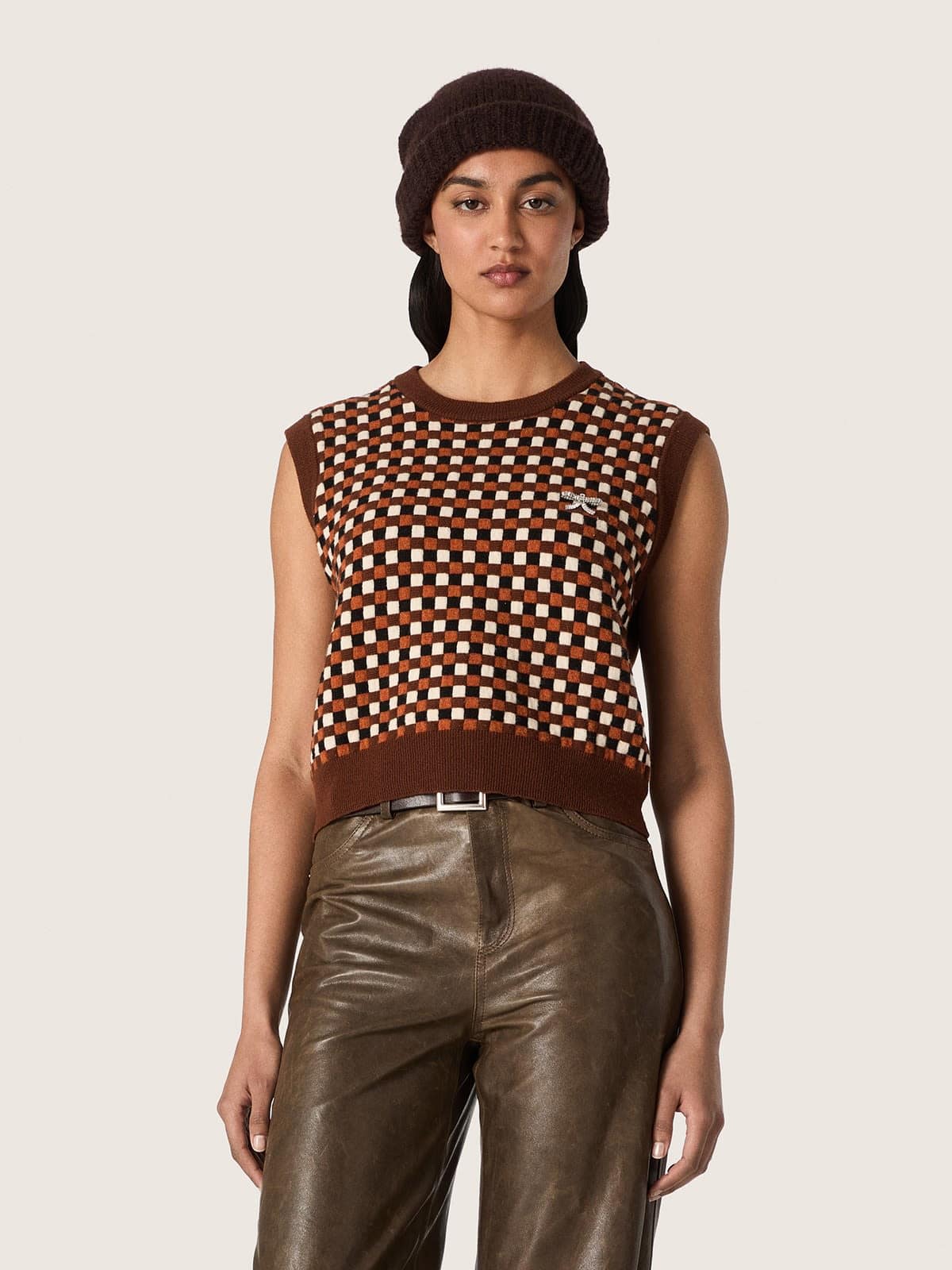 Golden Goose - Braune Damenweste aus Wolljacquard mit Karomuster in 