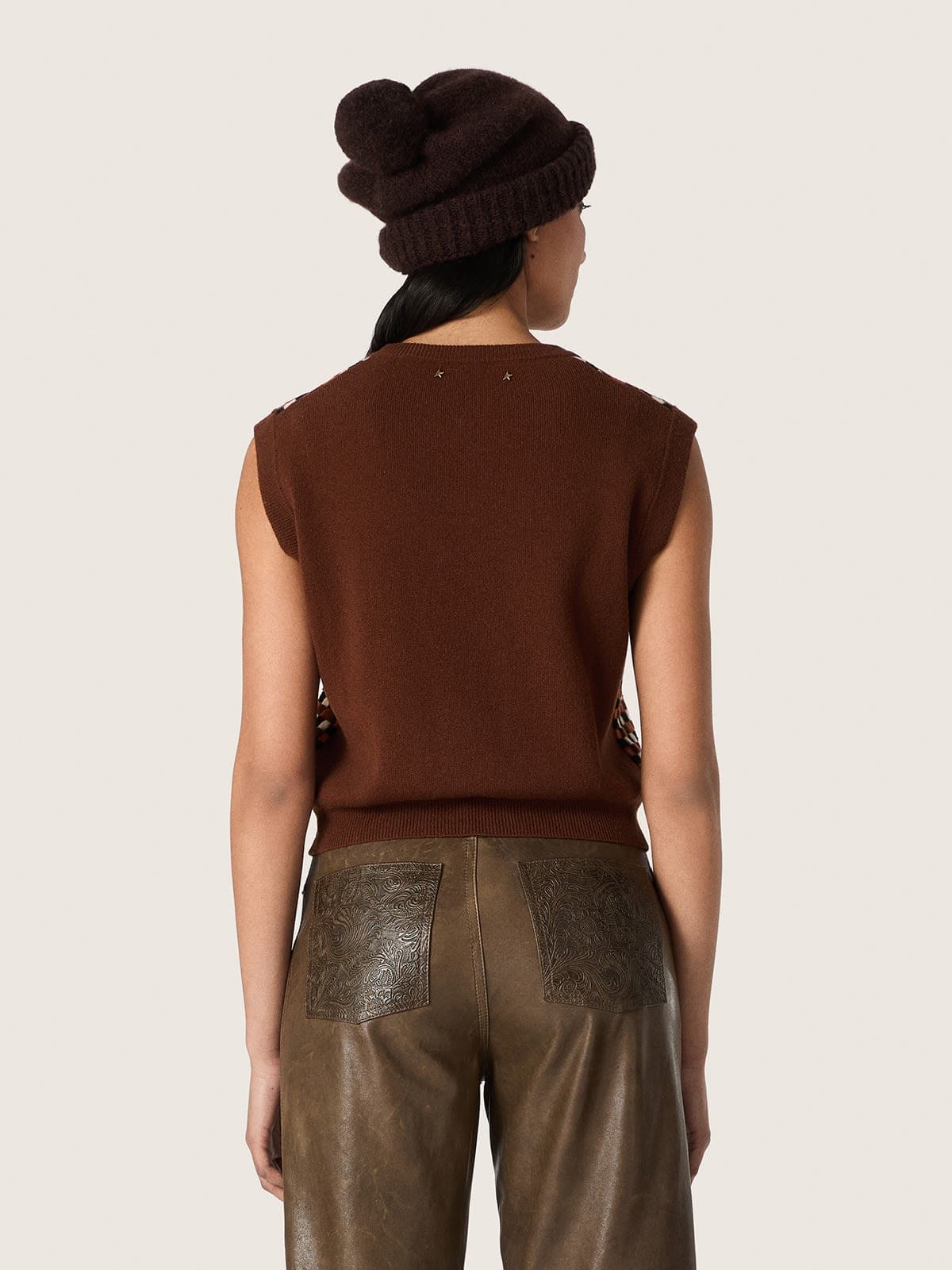 Golden Goose - Braune Damenweste aus Wolljacquard mit Karomuster in 
