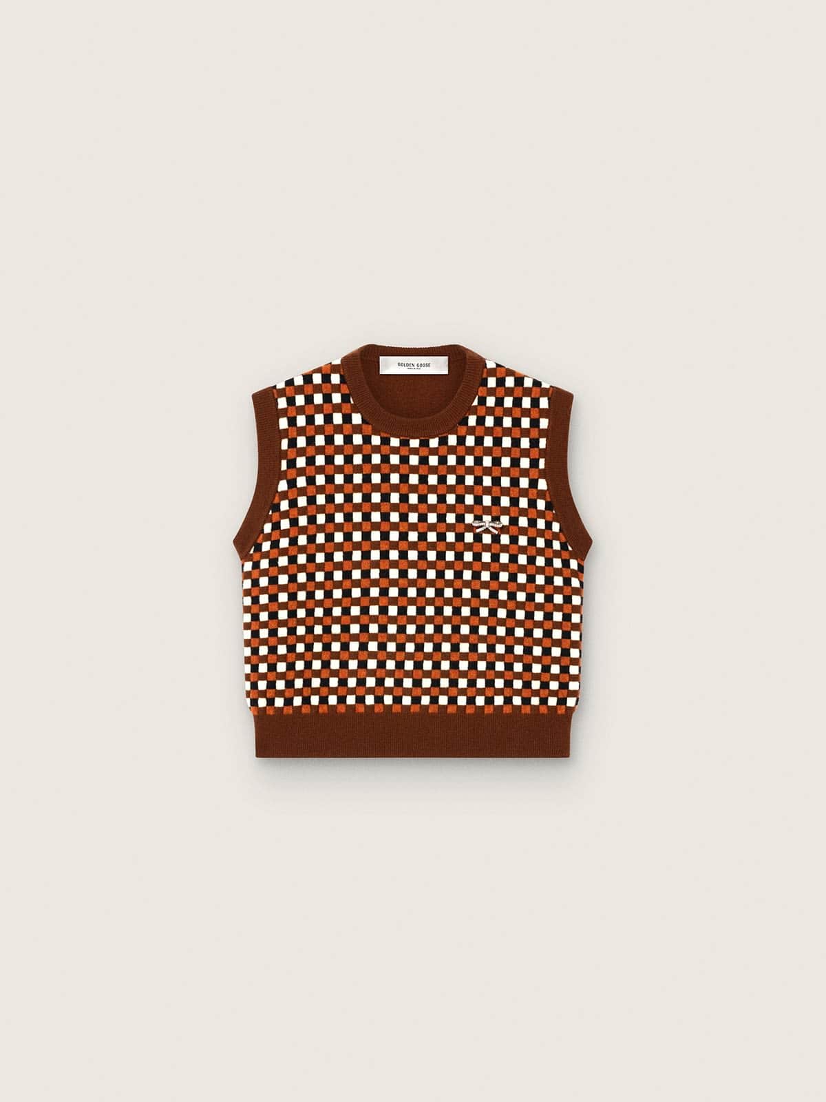 Golden Goose - Braune Damenweste aus Wolljacquard mit Karomuster in 