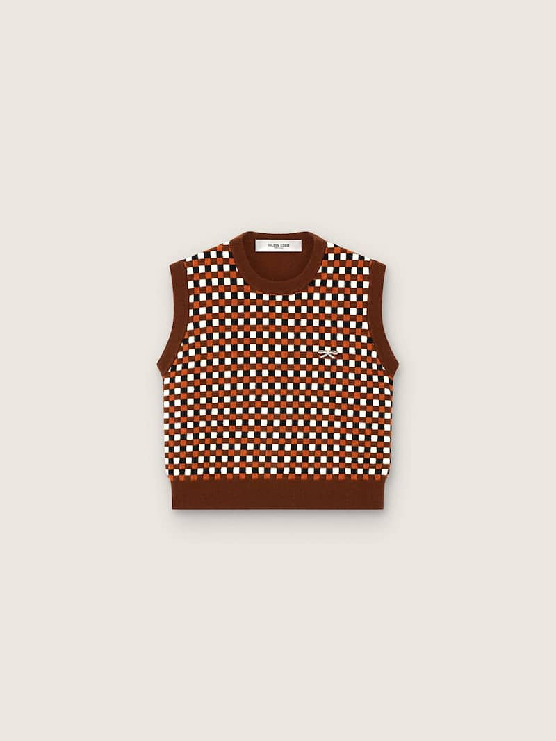 Women's vest in brown jacquard wool with check pattern