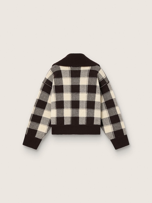 Bomber femme en laine jacquard &agrave; carreaux marron fonc&eacute; et cr&egrave;me