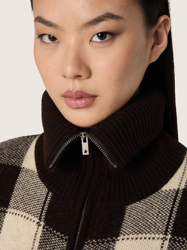 Golden Goose - Women's bomber jacket in dark brown and cream check jacquard wool in 