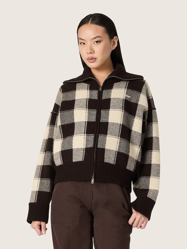 Golden Goose - Women's bomber jacket in dark brown and cream check jacquard wool in 