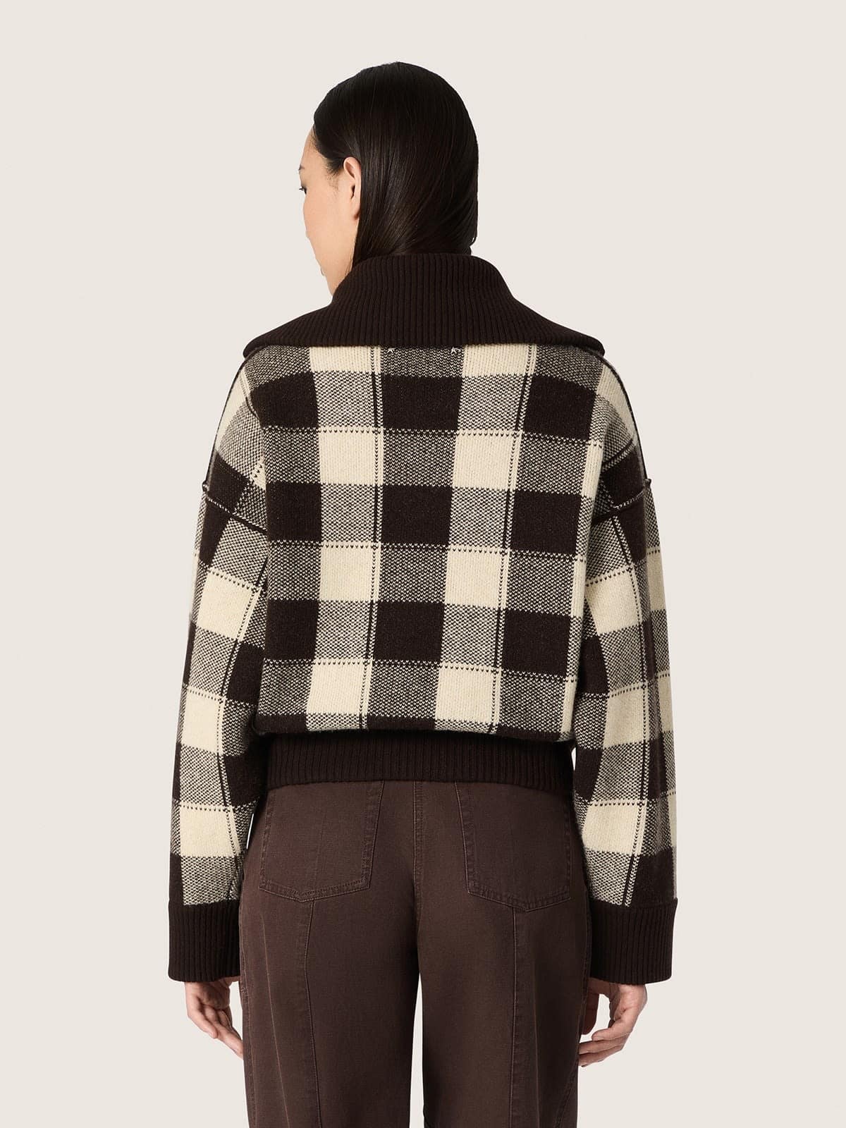 Golden Goose - Bomber da donna in lana jacquard a quadri marrone scuro e panna in 