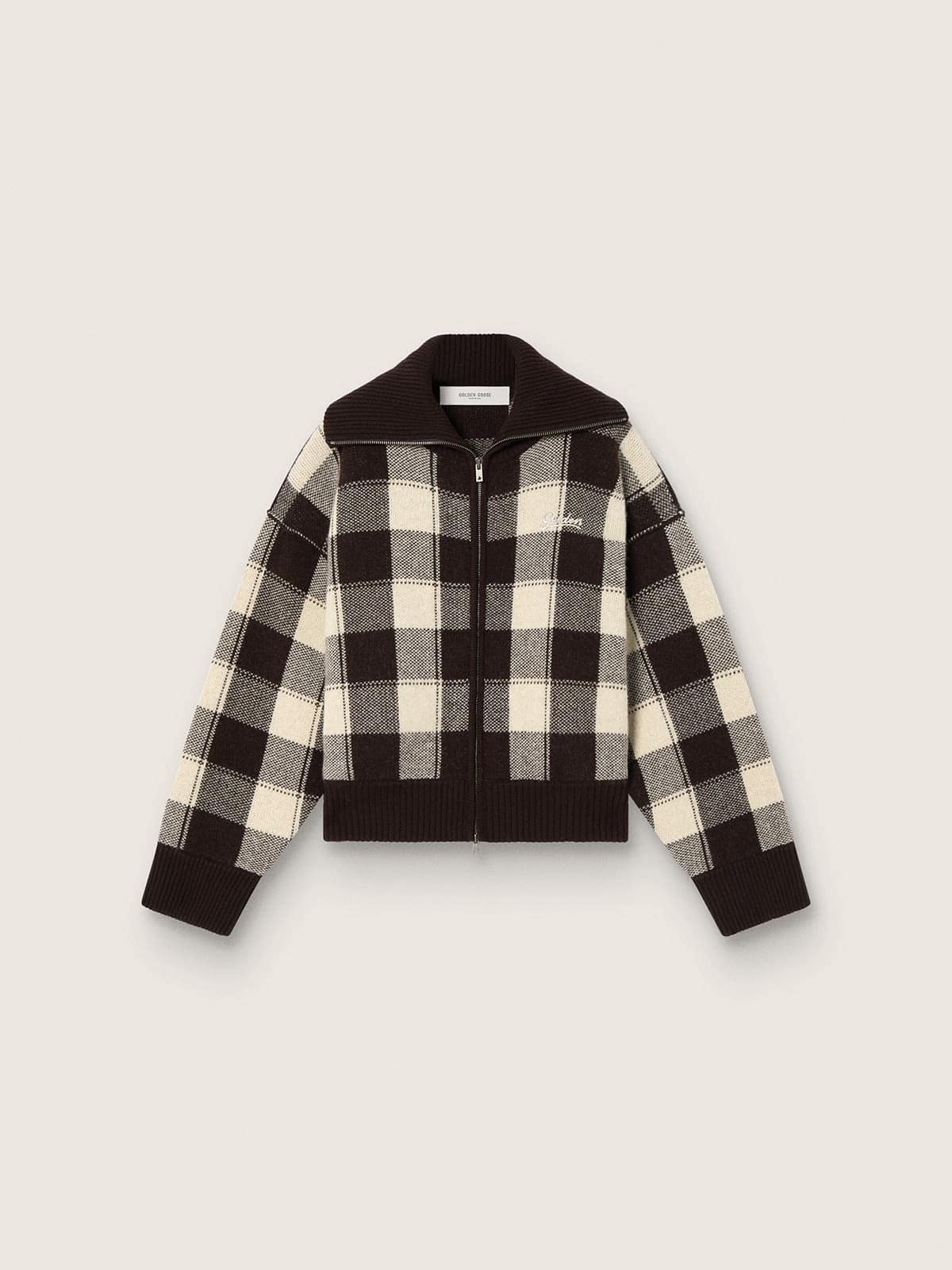 Golden Goose - Bomber da donna in lana jacquard a quadri marrone scuro e panna in 