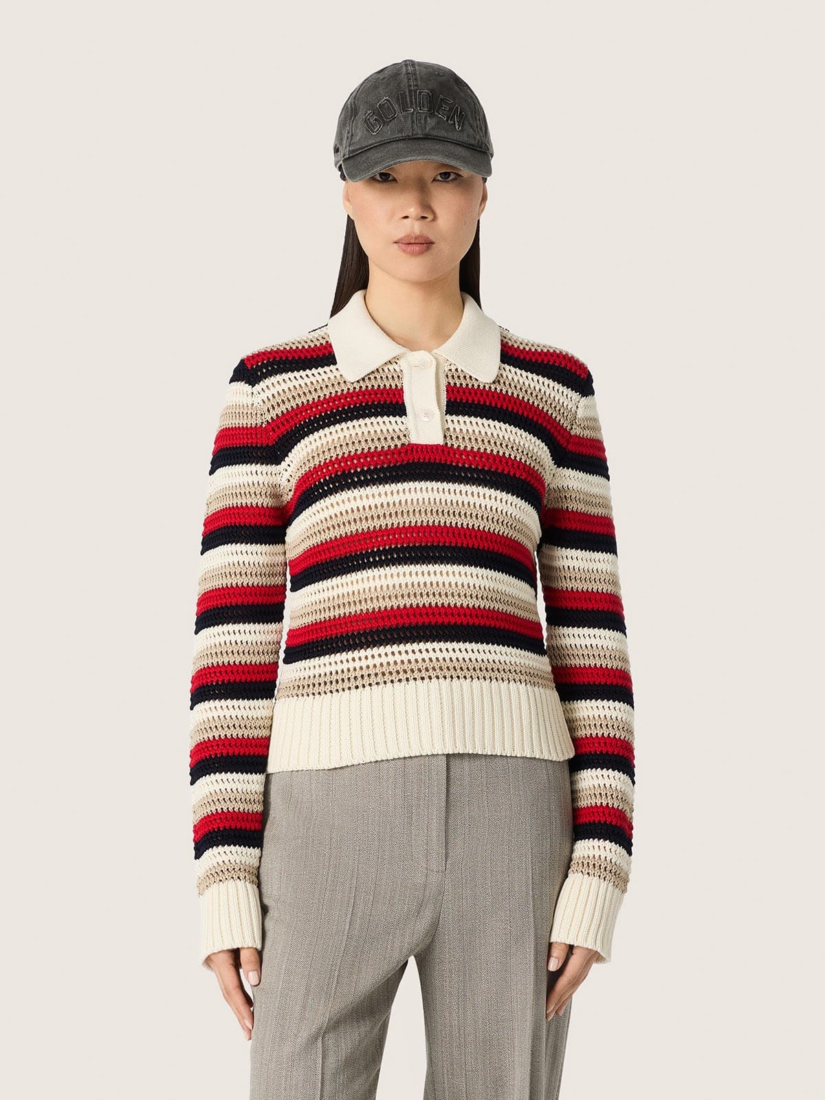 Golden Goose - Pull polo cropped femme en crochet de coton ray&eacute; in 