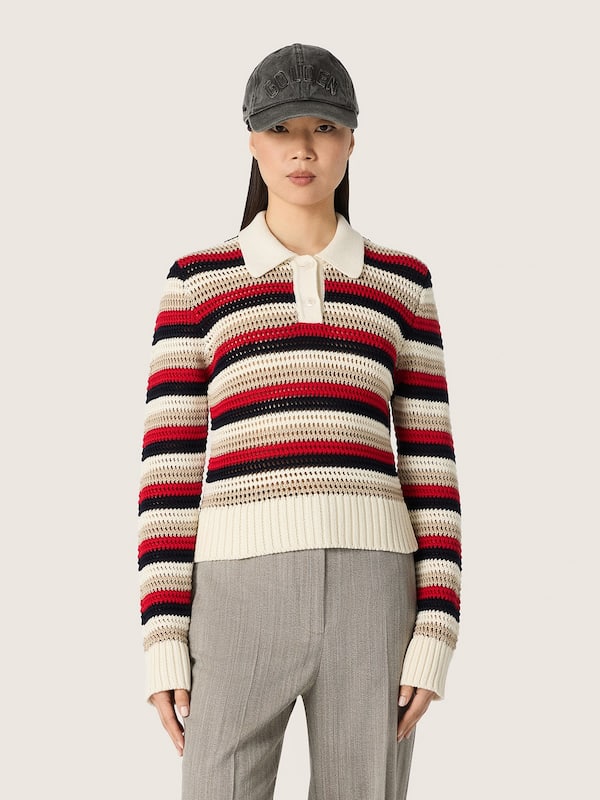 Golden Goose - Pull polo cropped femme en crochet de coton ray&eacute; in 