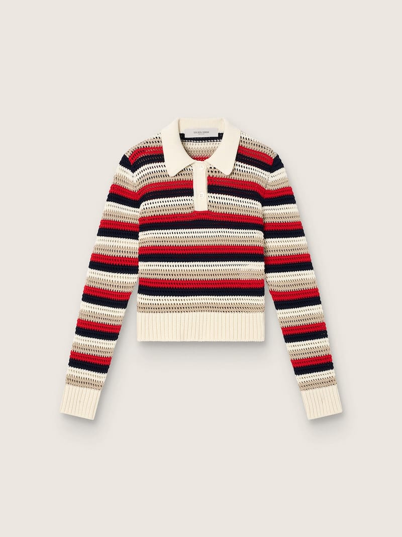 Jersey de mujer polo cropped de algod&oacute;n crochet a rayas