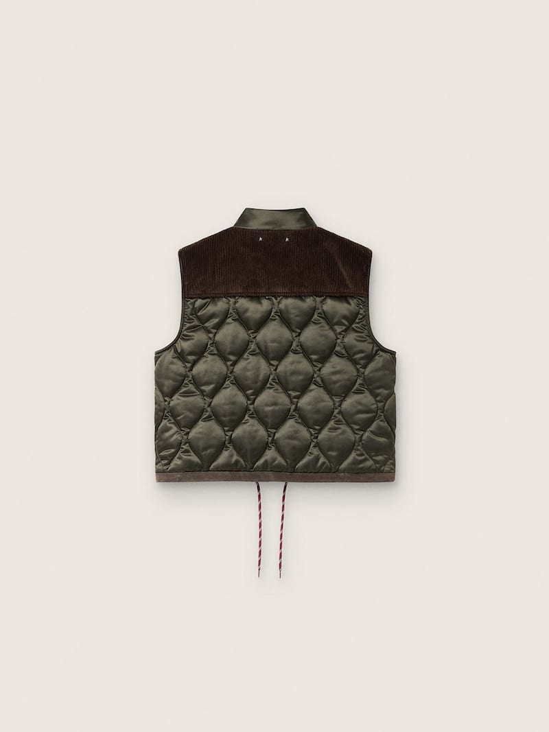Golden Goose - Chaleco de mujer acolchado en tejido satinado mate verde oscuro y pana marr&oacute;n in 