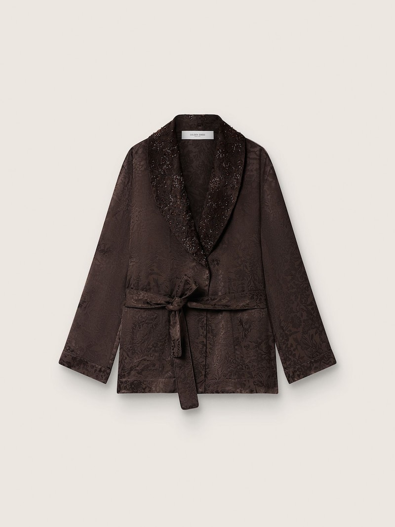 Golden Goose - Kimono femme marron fonc&eacute; avec motif jacquard et broderie de sequins ton sur ton in 