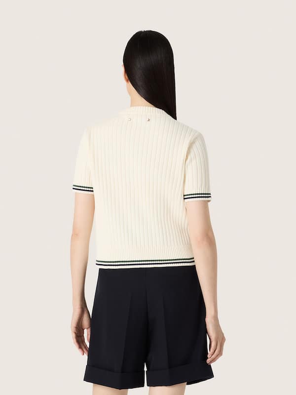 Golden Goose - Women&rsquo;s white knit T-shirt with contrasting edges and removable pin in 