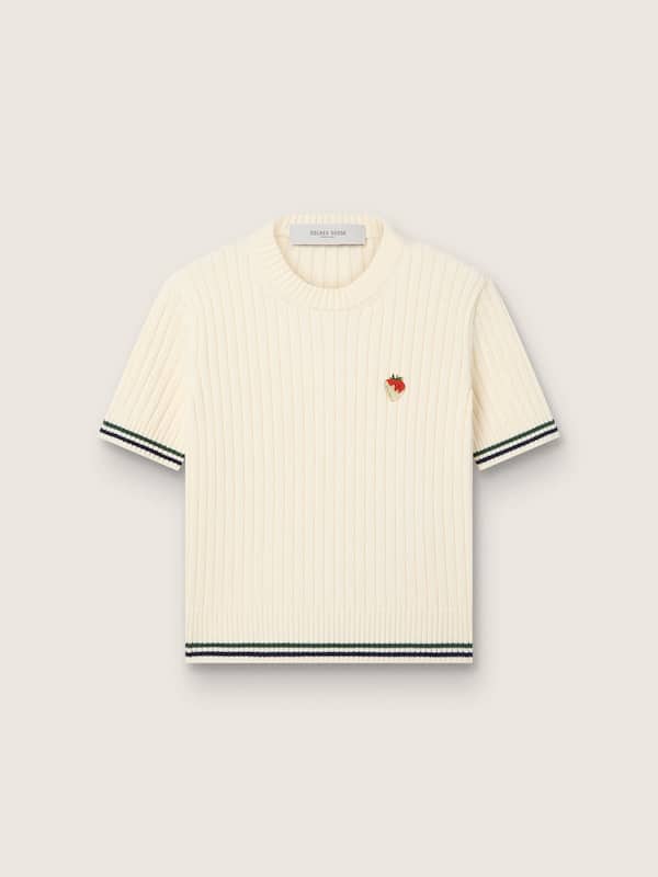 Golden Goose - Women&rsquo;s white knit T-shirt with contrasting edges and removable pin in 