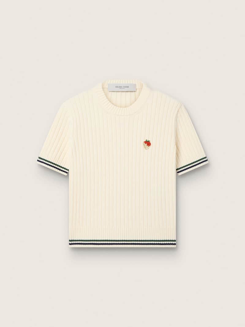 Camiseta de mujer de punto blanco con bordes en contraste y broche desmontable