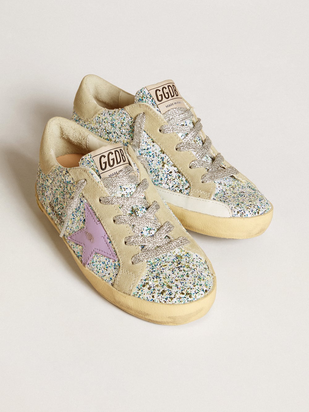 Golden Goose - Super-Star LTD in multicolored glitter with lilac leather star in 