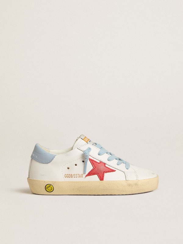 Golden Goose - Super-Star Young in white leather with red star and light blue heel tab in 