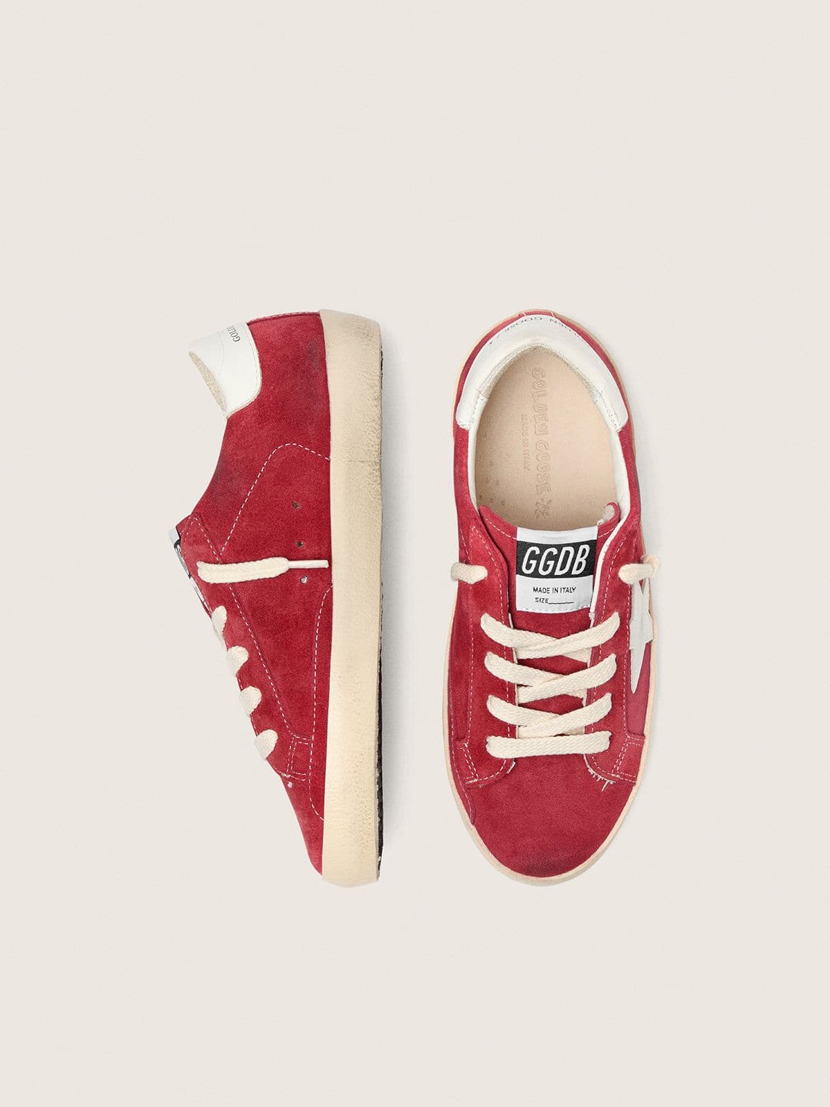 Super-Star Young en cuir velours rouge avec &eacute;toile et contrefort en cuir blanc