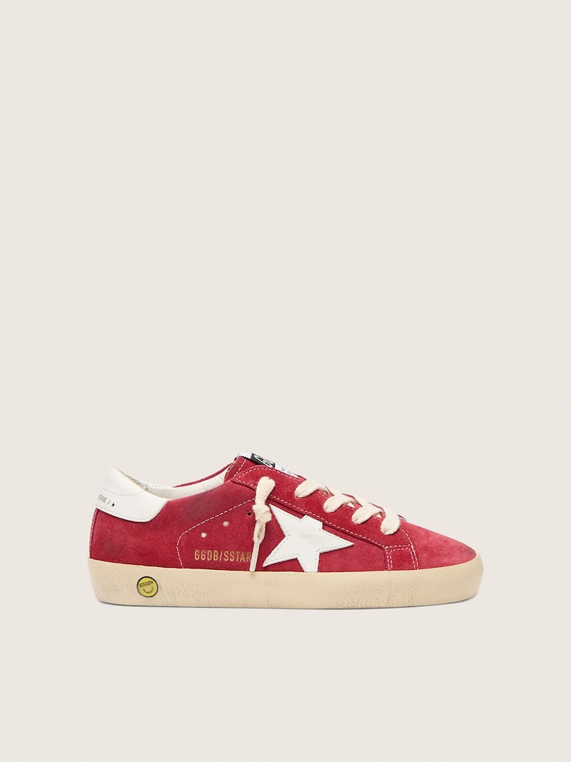 Super-Star Young en cuir velours rouge avec &eacute;toile et contrefort en cuir blanc