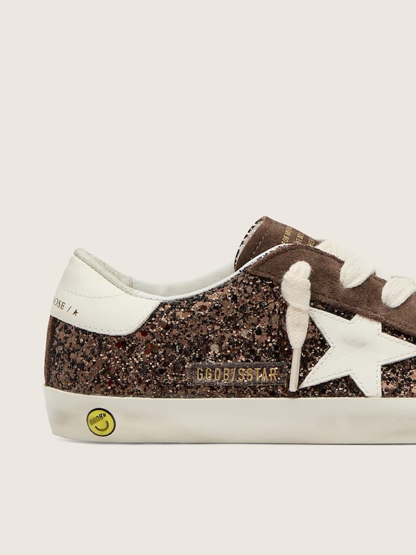 Golden Goose - Young Super-Star in brown glitter and suede with cream leather star in 