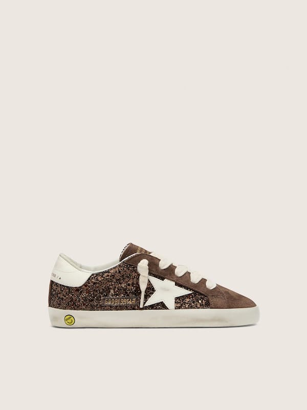 Golden Goose - Young Super-Star in brown glitter and suede with cream leather star in 