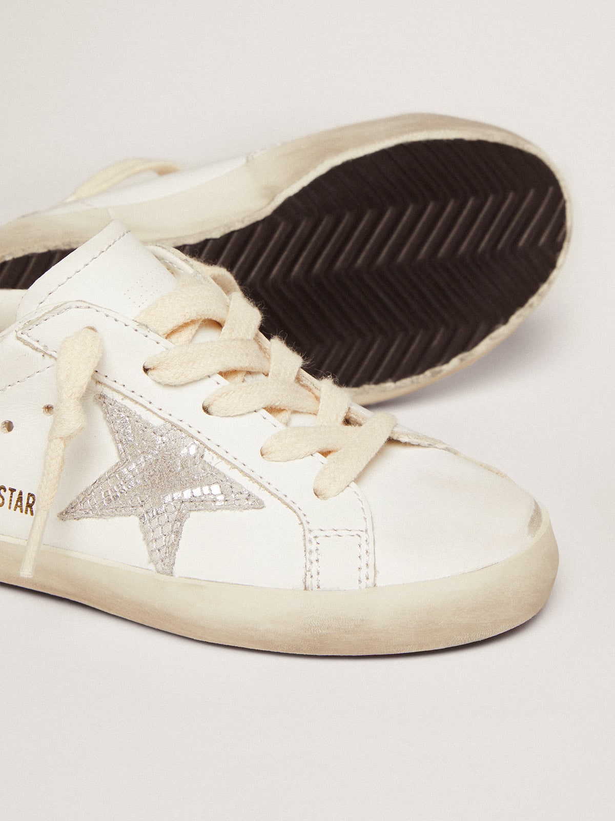 Golden Goose - Super-Star sneakers with snake-print silver metallic leather star and gold glitter heel tab in 