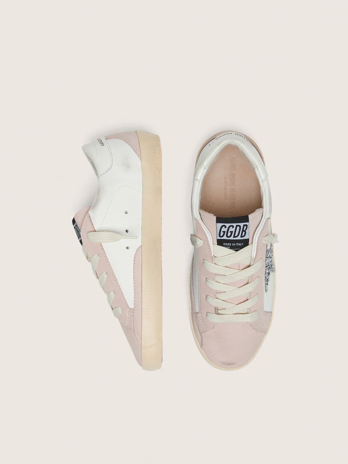 Young Super-Star in white and powder-pink leather with silver glitter star