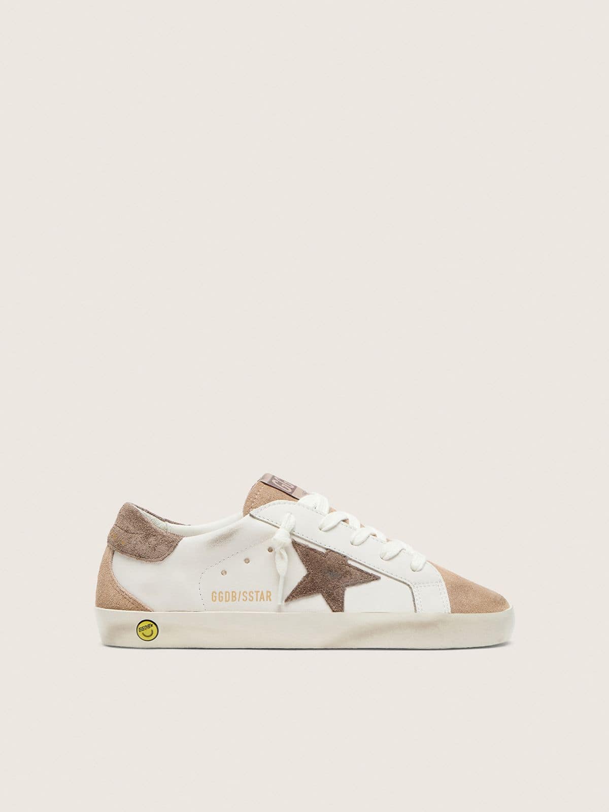 Golden Goose - Young Super-Star in white leather with dark gray suede star and beige suede inserts in 