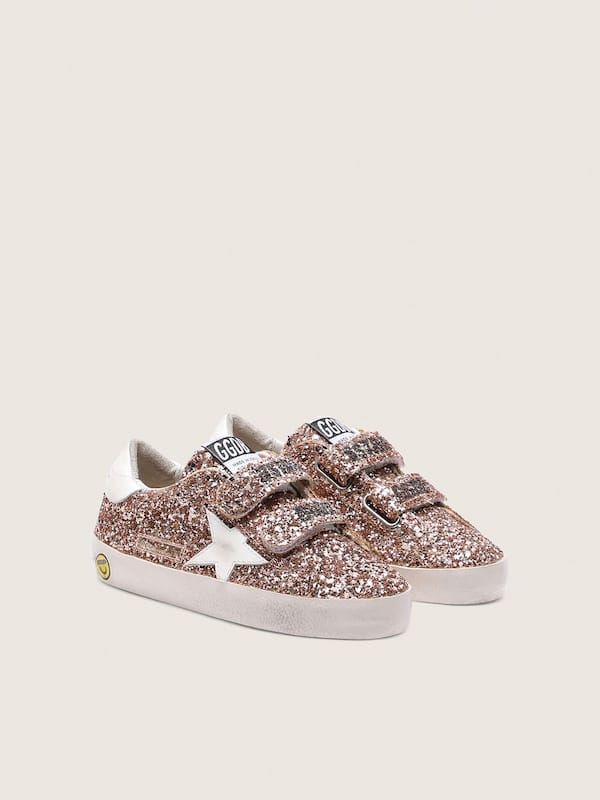 Golden Goose - Young Old School in peach-colored glitter with white leather inserts in 