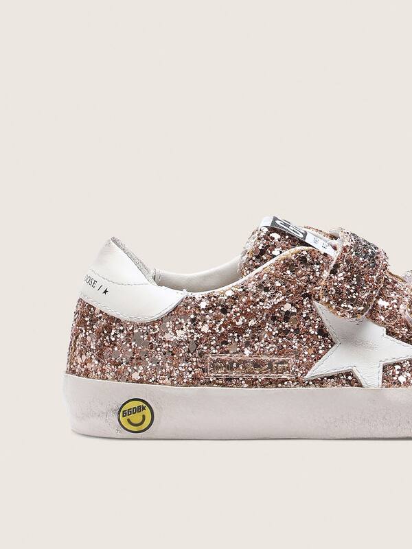 Golden Goose - Young Old School in peach-colored glitter with white leather inserts in 