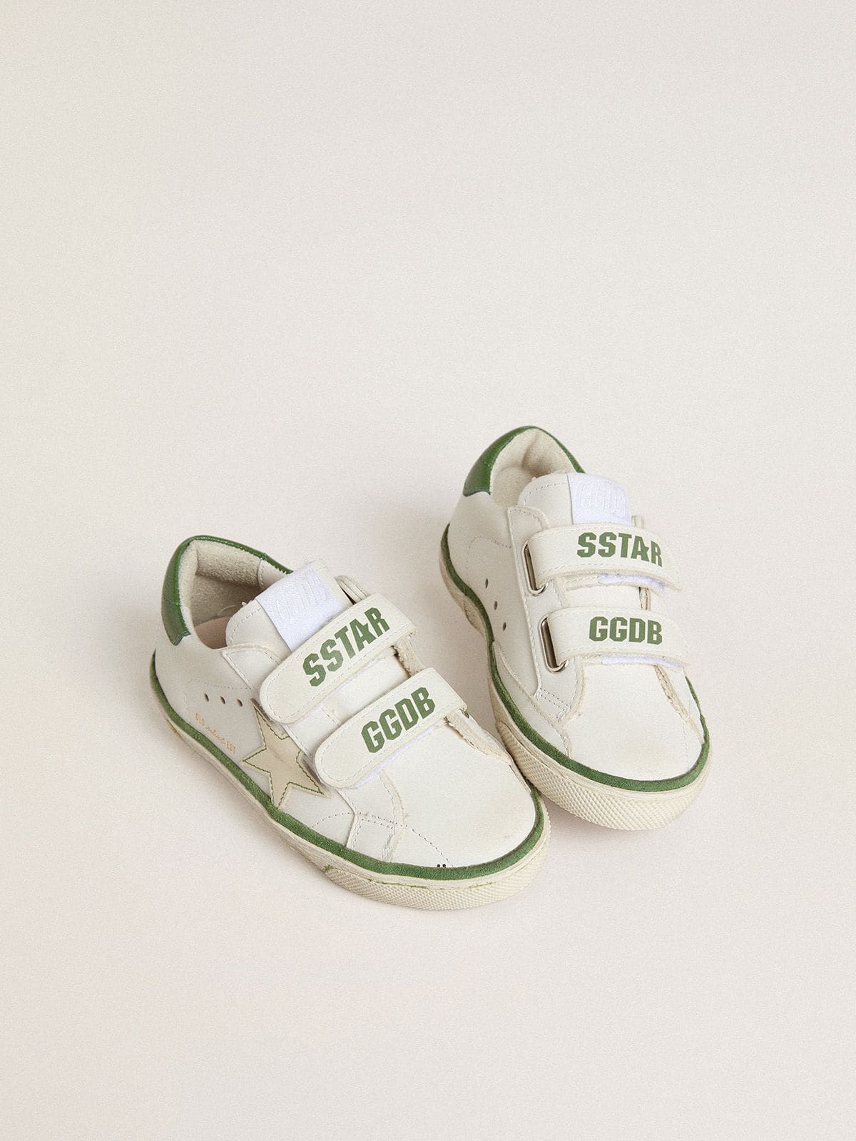 Young Old School in white leather with green nappa heel tab and green insert