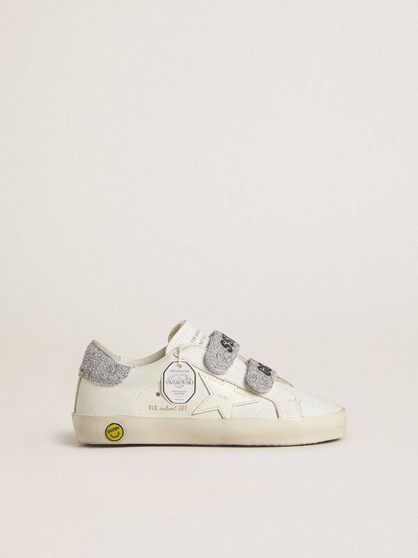Golden Goose - Young Old School in white leather with silver Swarovski crystal heel tab and straps in 