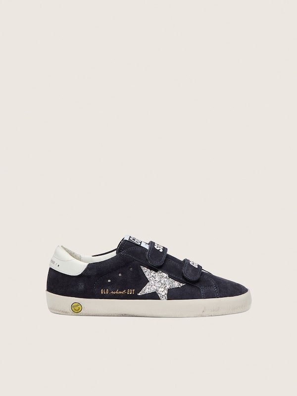 Golden Goose - Old School Young in suede blu con stella in glitter argento e talloncino in pelle bianca in 