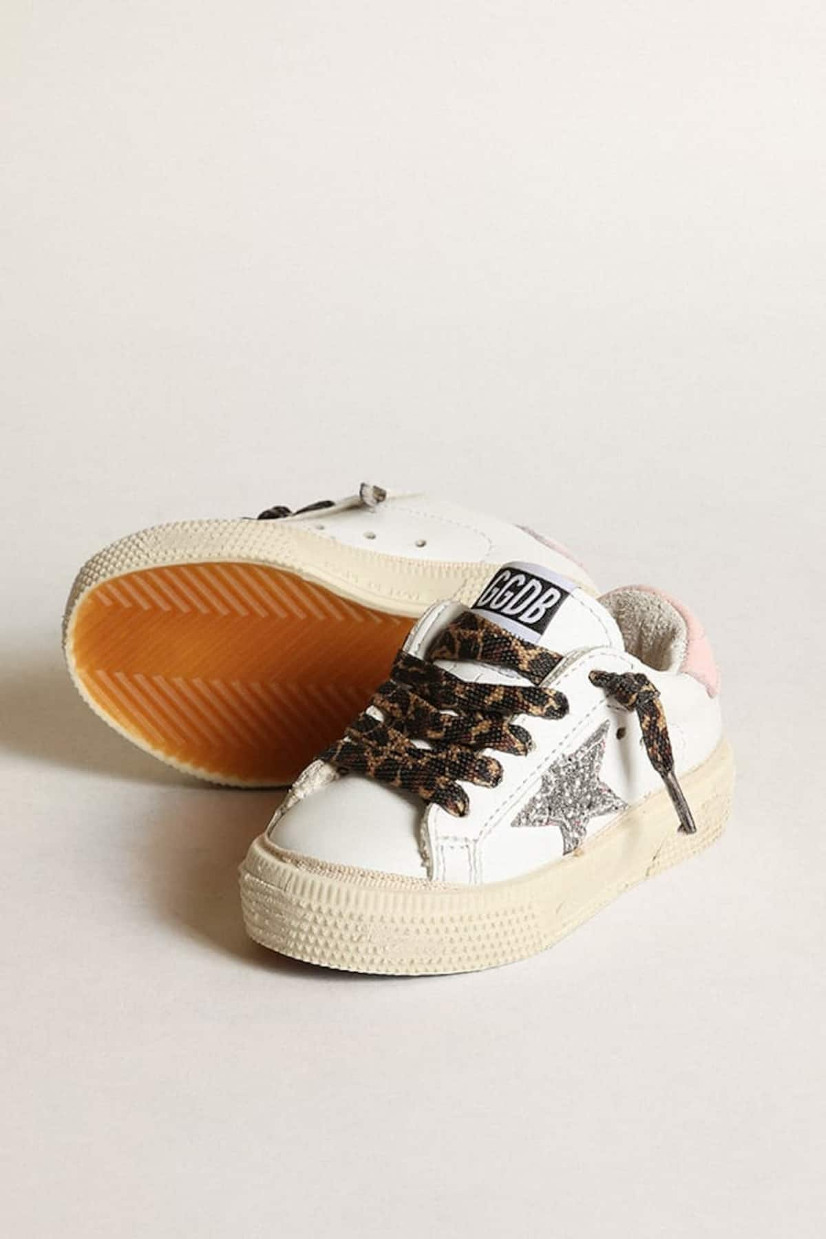 Golden Goose - May sneakers with silver glitter star and pink leather heel tab in 