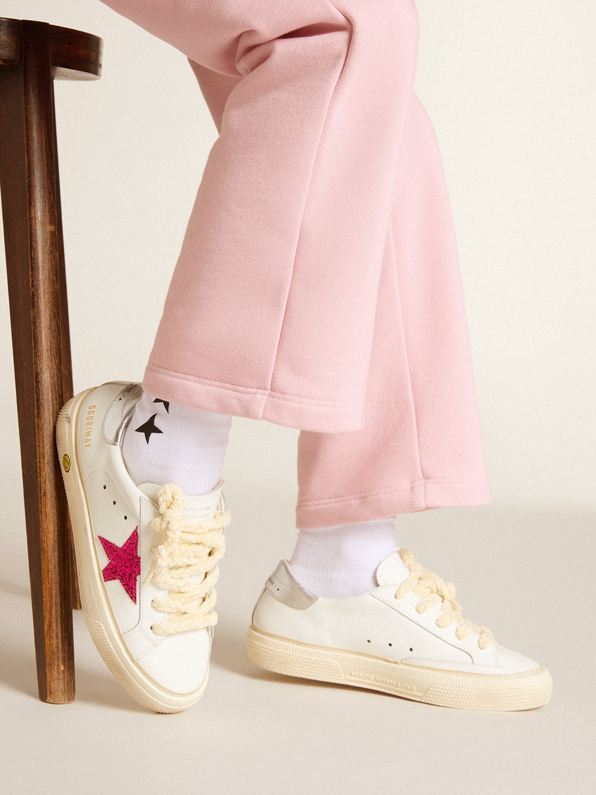 Golden Goose - May Young con stella in glitter fucsia e talloncino in pelle laminata in 