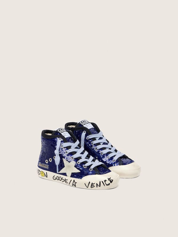Francy Penstar Young &agrave; sequins bleus avec &eacute;toile en cuir velours blanc