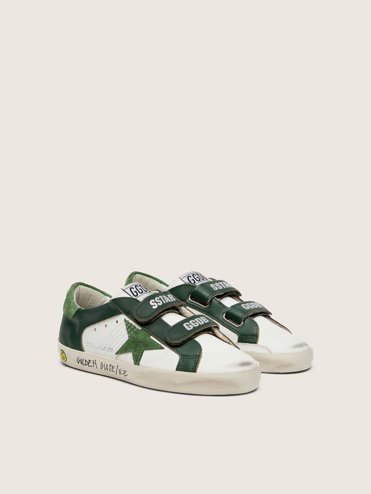 Young Old School in white leather with green suede star and green leather inserts
