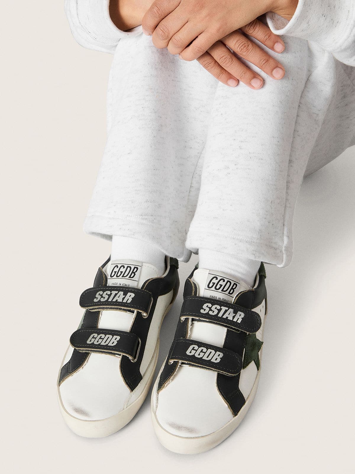 Golden Goose - Young Old School in white leather with green suede star and green leather inserts in 