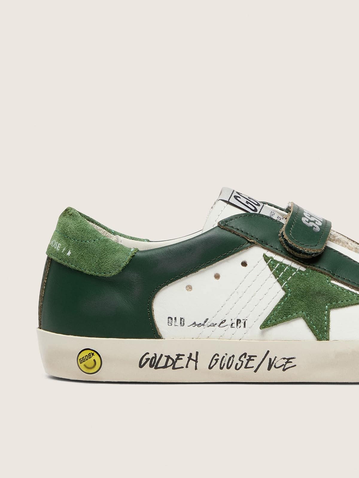 Golden Goose - Young Old School in white leather with green suede star and green leather inserts in 