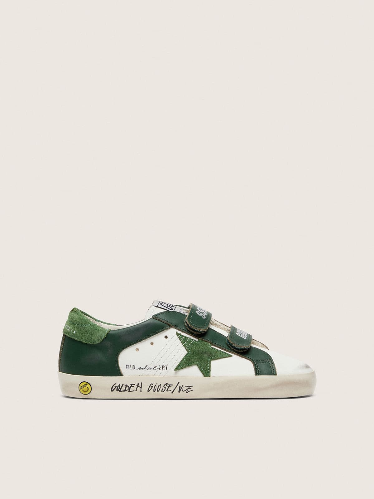 Golden Goose - Young Old School in white leather with green suede star and green leather inserts in 